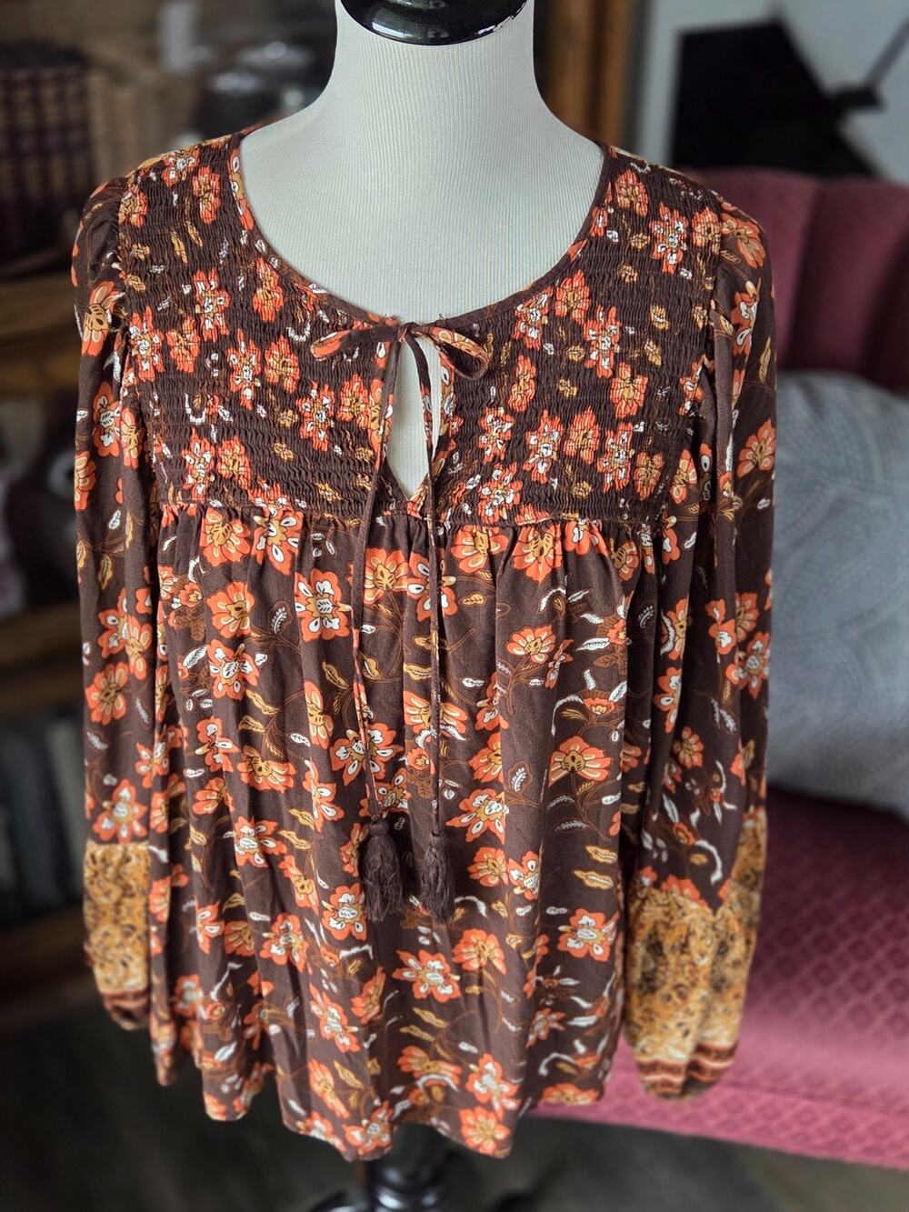 Grace + Karma Blouse Womens XL Fall Cozy Floral Smocked Peasant Tassel Top boho